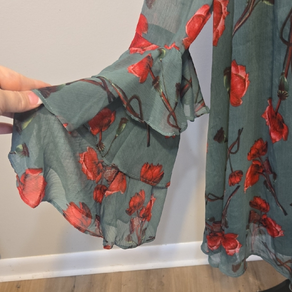 Umgee Red and Green Asymmetrical Bell Sleeve Mini Dress - Picture 4 of 10